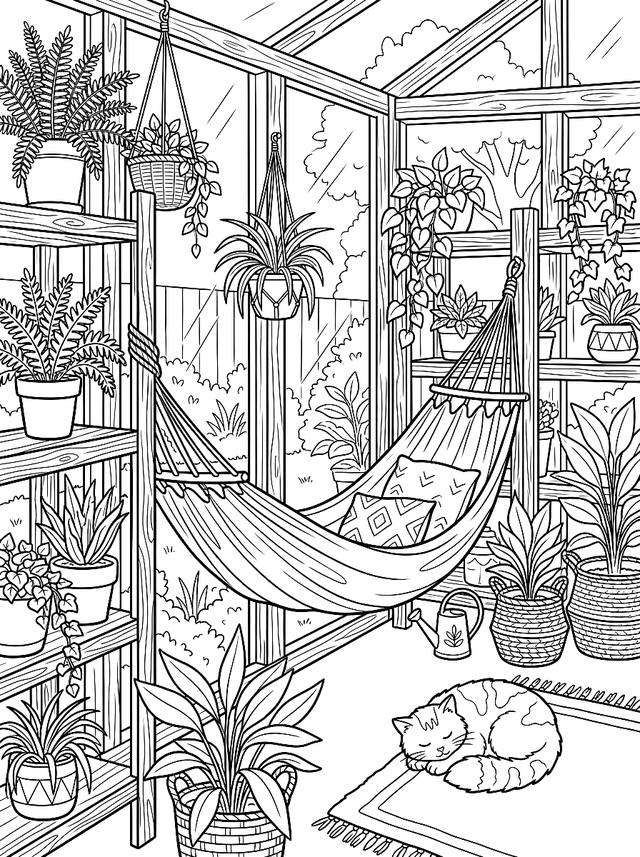 Free printable sleepy cats coloring page — cat asleep in a hammock