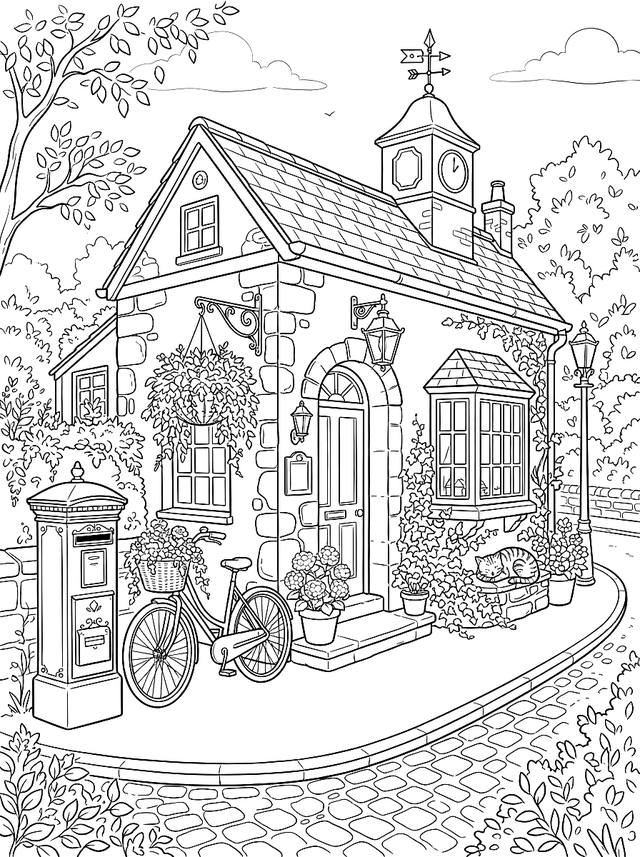 Free printable sleepy cats coloring page — cat sleeping at post office