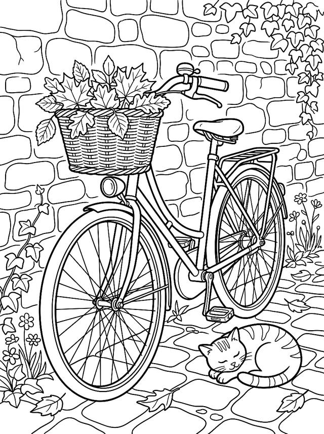 Free printable sleepy cats coloring page — cat sleeping near bicycle