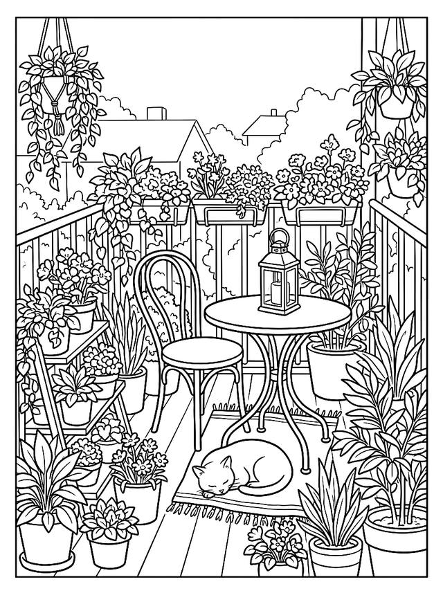 Free printable sleepy cats coloring page — cat sleeping on balcony plants