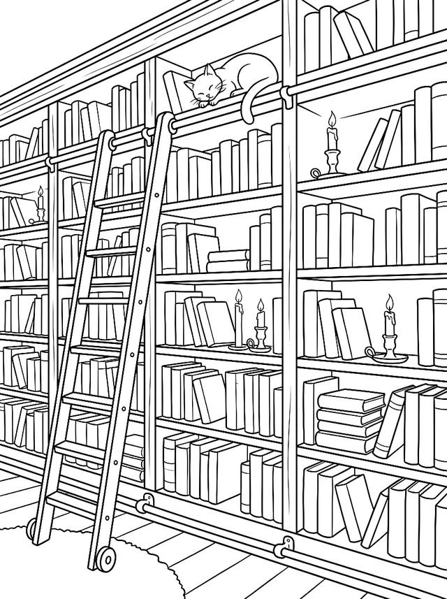 Free printable sleepy cats coloring page — cat on bookshelf ladder
