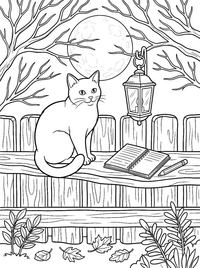 Free printable sleepy cats coloring page — black cat on fence