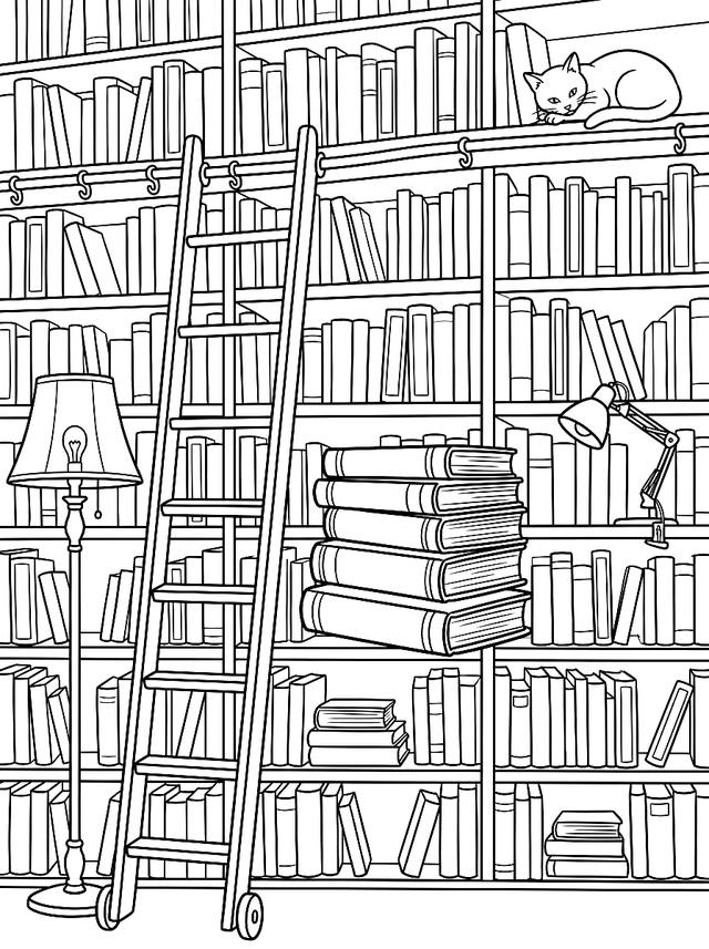 Free printable sleepy cats coloring page — cat on bookshelf wall