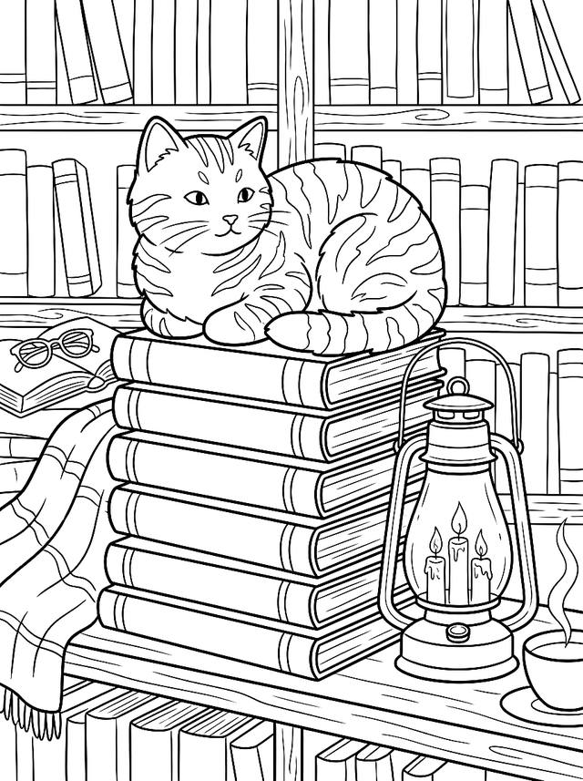 Free printable sleepy cats coloring page — cat perched on books