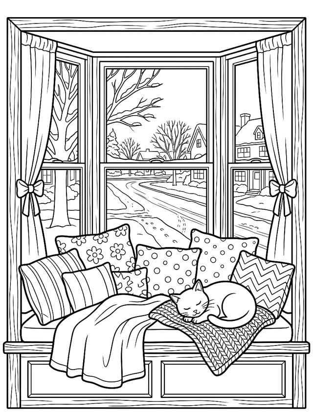Free printable sleepy cats coloring page — cat sleeping by bay window