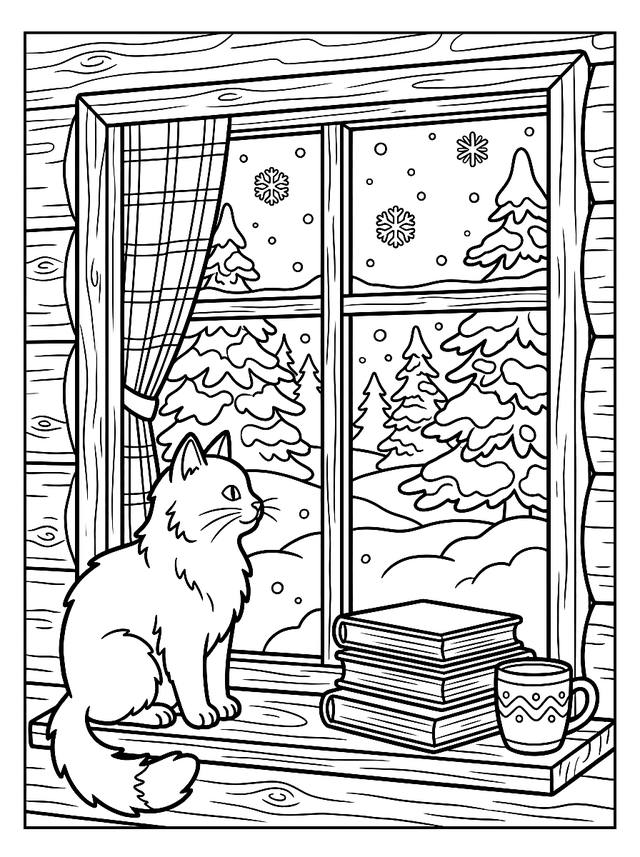 Free printable sleepy cats coloring page — cat looking out cabin window