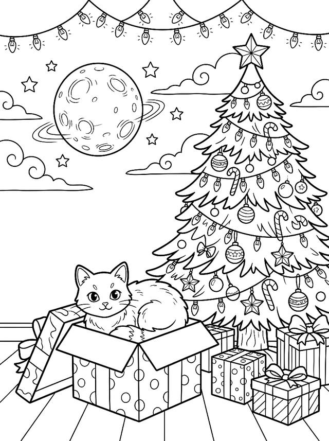 Free printable sleepy cats coloring page — cat sitting in gift box