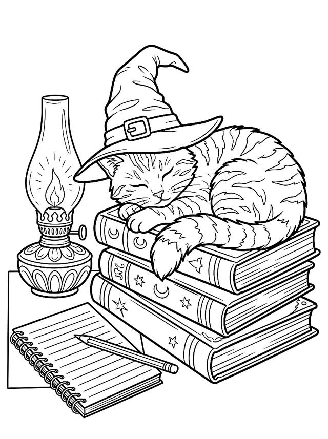 Free printable sleepy cats coloring page — cat sleeping on books