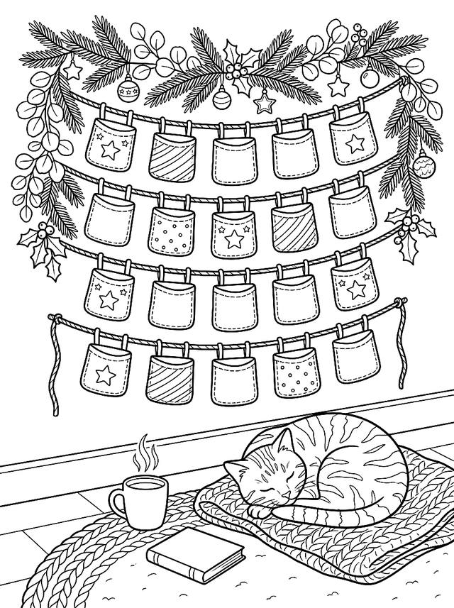 Free printable cozy christmas coloring page — cat sleeping near advent calendar