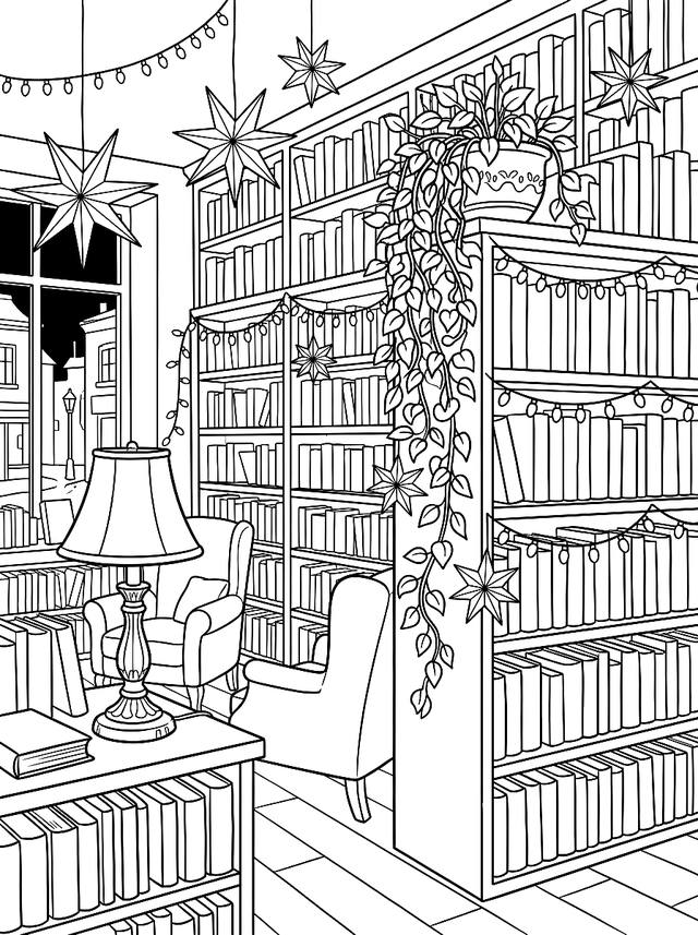 Free printable cozy christmas coloring page — bookshop decorated for christmas