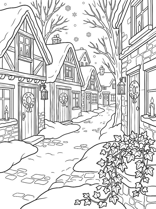 Free printable cozy christmas coloring page — snowy village street