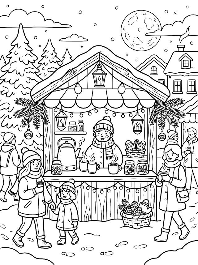 Free printable cozy christmas coloring page — winter market stall