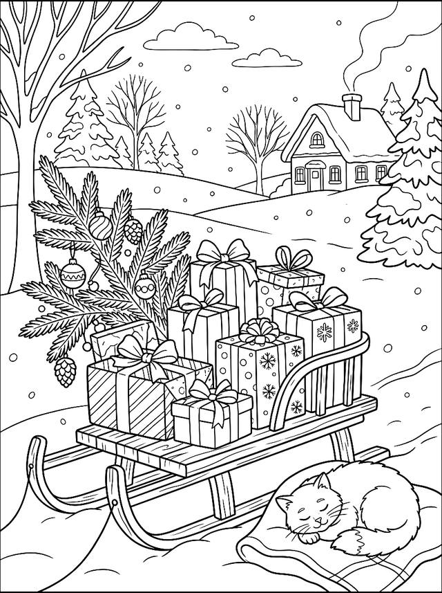 Free printable cozy christmas coloring page — sledge with presents and cat