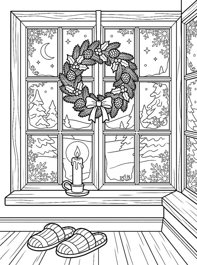 Free printable cozy christmas coloring page — window with candle and wreath