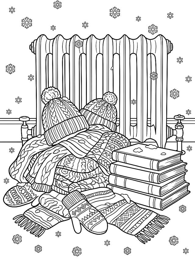Free printable cozy christmas coloring page — knitted winter accessories