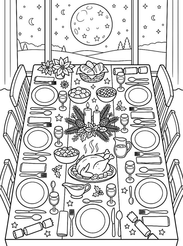 Free printable cozy christmas coloring page — christmas dinner