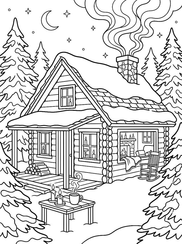 Free printable cozy christmas coloring page — log cabin with snow