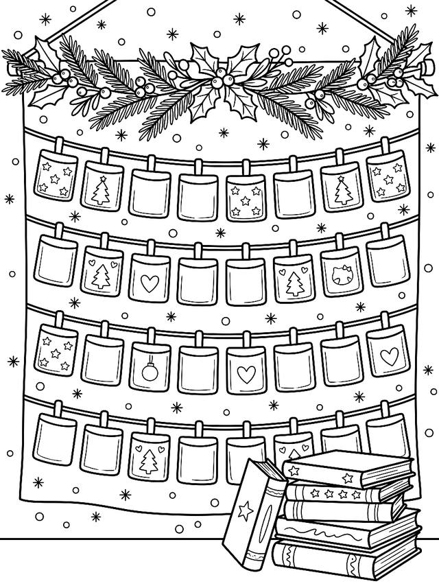 Free printable cozy christmas coloring page — advent calendar wall