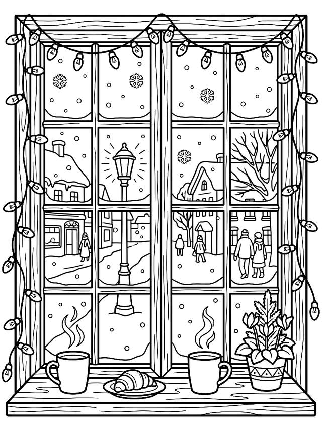 Free printable cozy christmas coloring page — winter cafe window