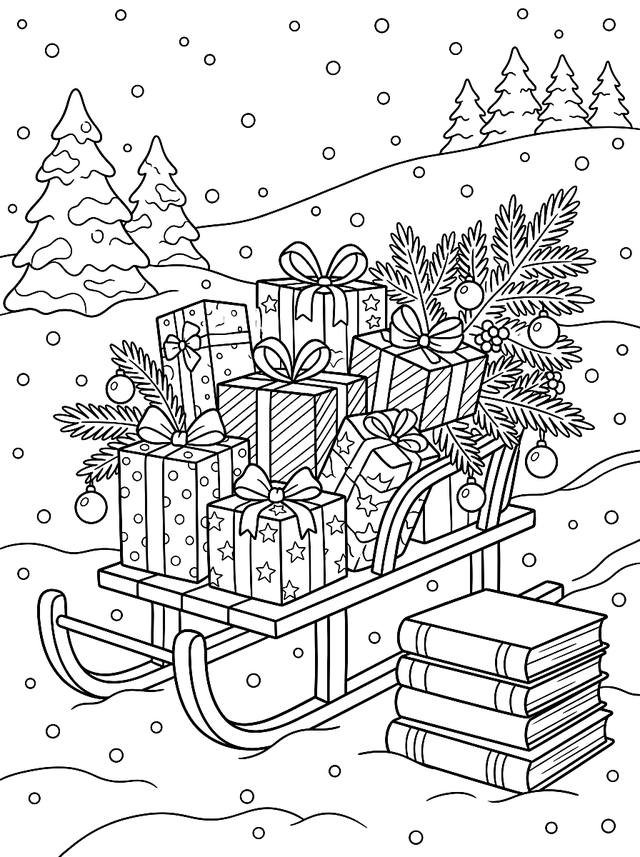 Free printable cozy christmas coloring page — sledge with presents and books