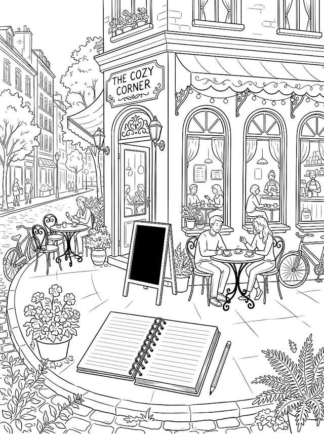 Free printable coffee shop coloring page — coffee shop counter