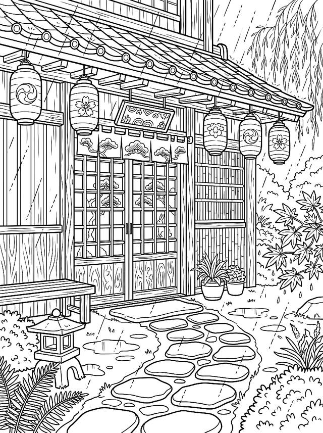 Free printable coffee shop coloring page — tea house facade
