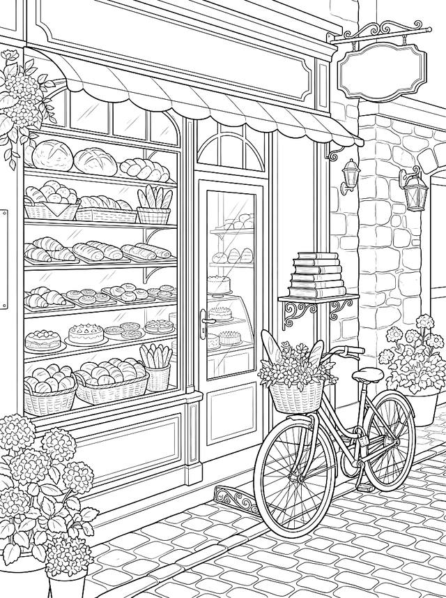 Free printable coffee shop coloring page — bakery window with a bicycle