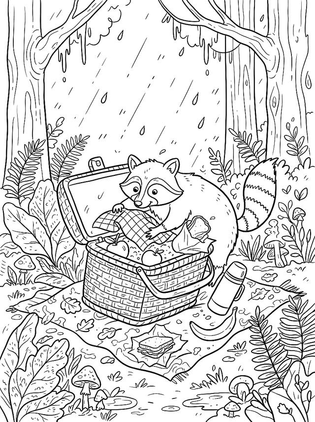 Free printable coffee shop coloring page — raccoon rummaging through a picnic