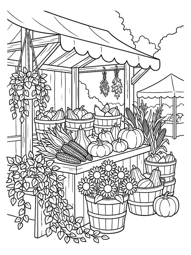 Free printable coffee shop coloring page — farmers market