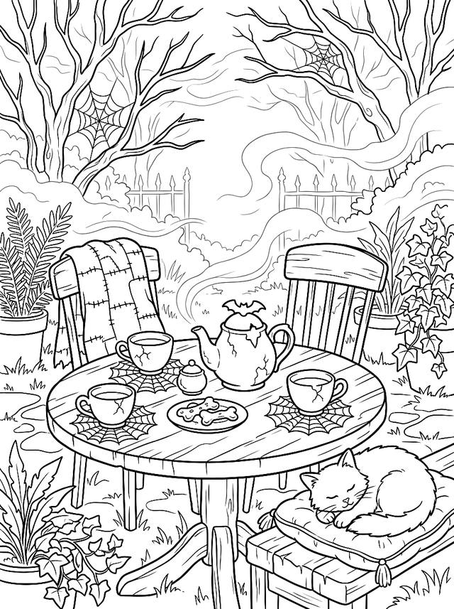 Free printable coffee shop coloring page — cat sleeping at tea party
