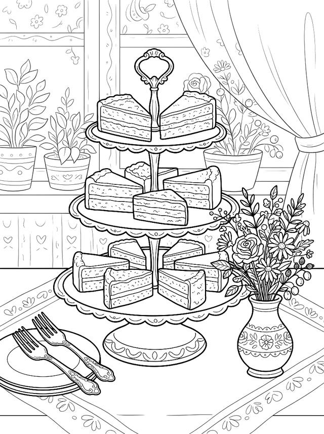 Free printable coffee shop coloring page — cake stand with slices cut