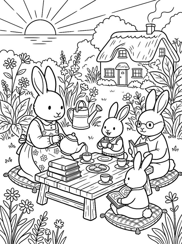 Free printable coffee shop coloring page — rabbit family having tea
