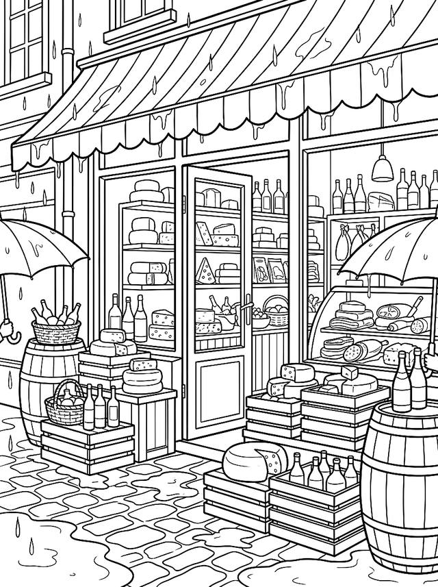 Free printable coffee shop coloring page — cheese and wine shop