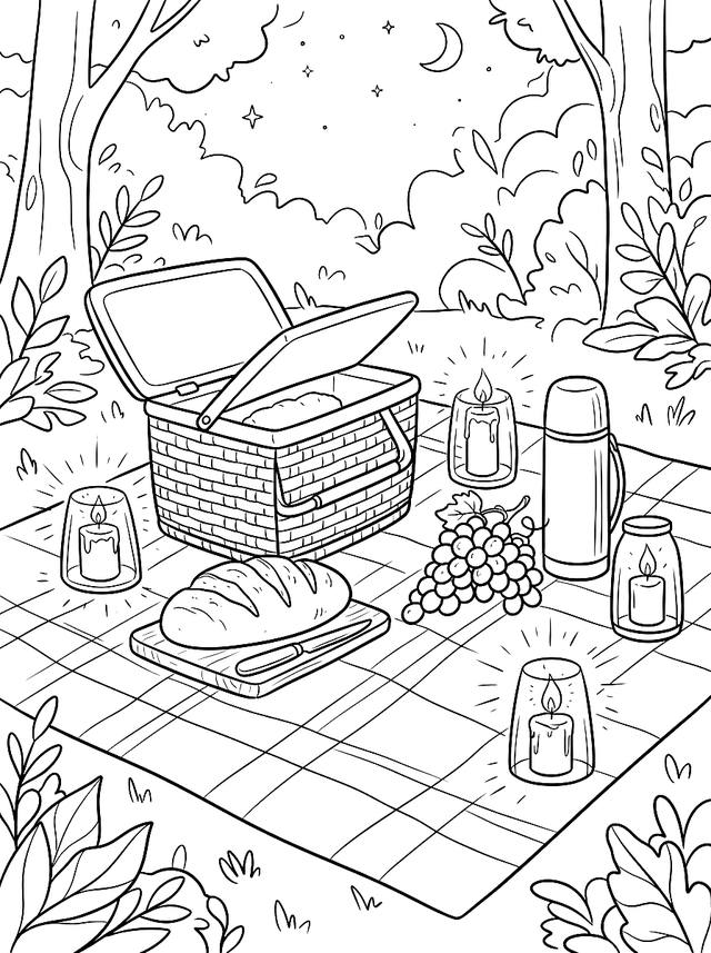 Free printable coffee shop coloring page — picnic basket with food