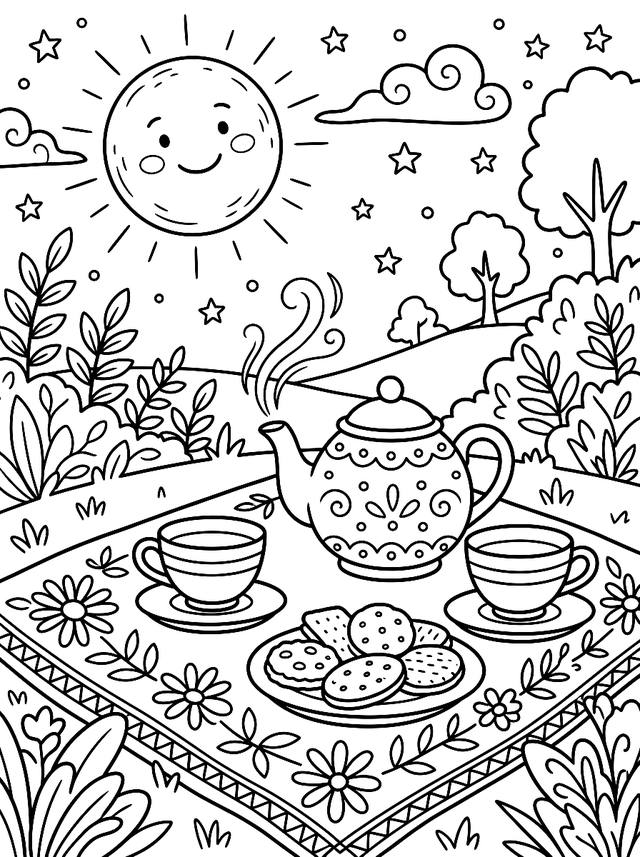Free printable coffee shop coloring page — teapot cups and biscuits