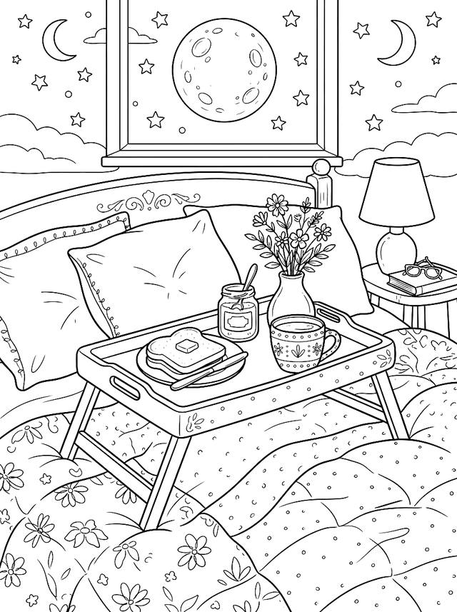 Free printable coffee shop coloring page — breakfast in bed