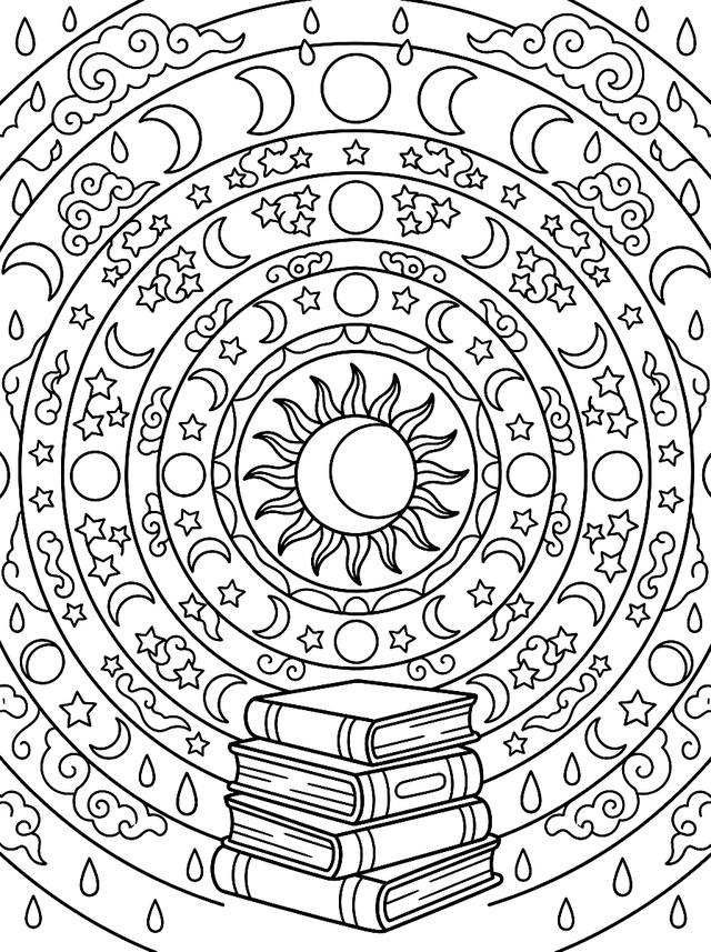 Free printable for adults coloring page — mandala of moons and stars