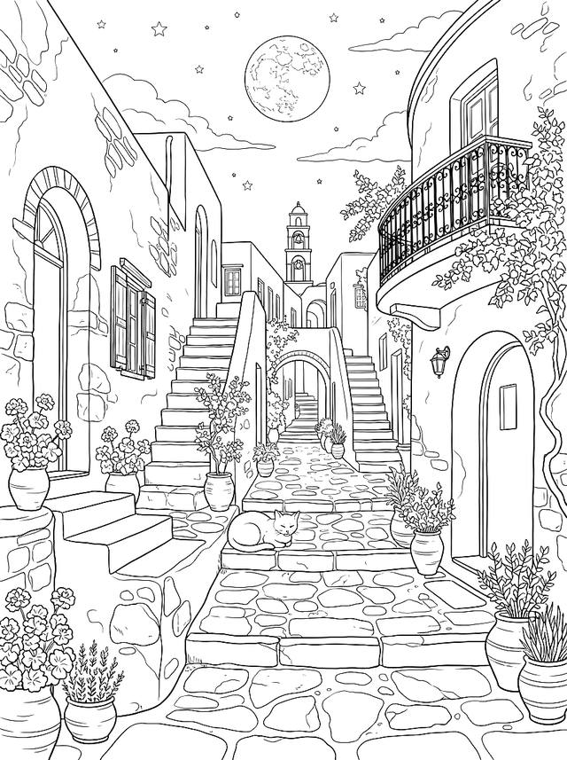 Free printable for adults coloring page — cat in greek village lane
