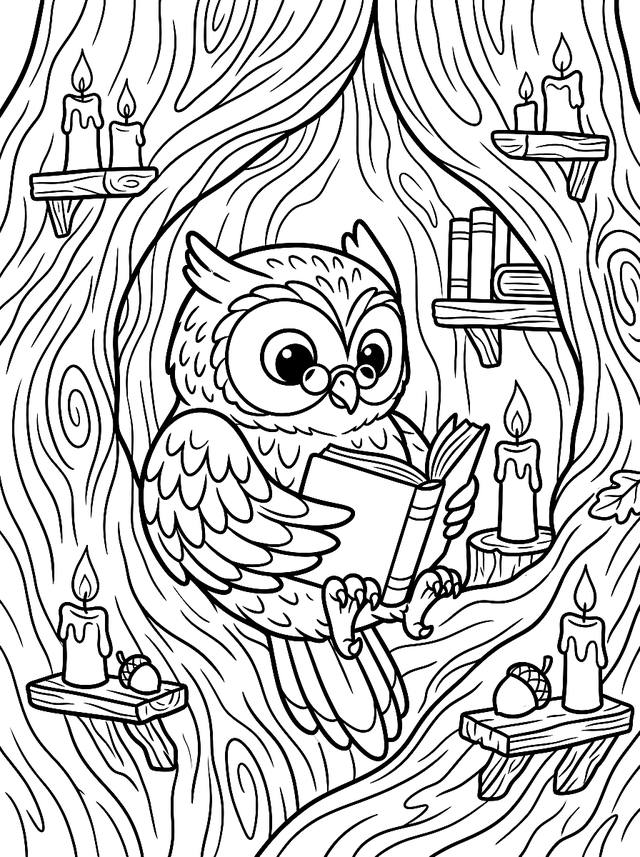 Free printable for adults coloring page — owl reading by candlelight