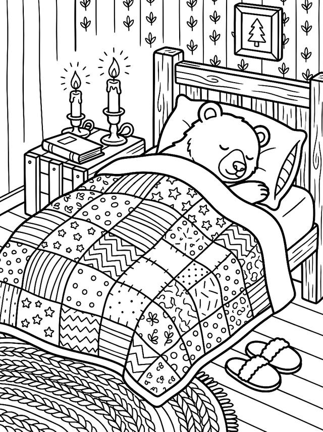 Free printable for adults coloring page — bear tucked into bed
