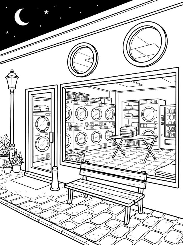 Free printable for adults coloring page — laundrette with bench