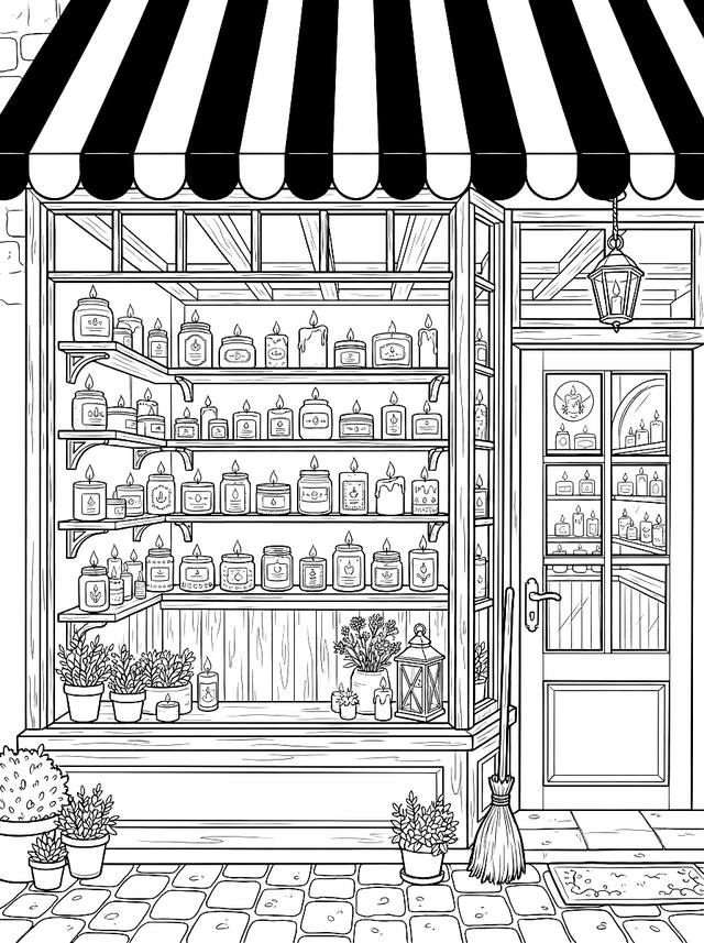 Free printable for adults coloring page — candle shop window