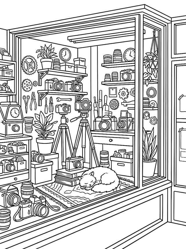 Free printable for adults coloring page — vintage camera shop