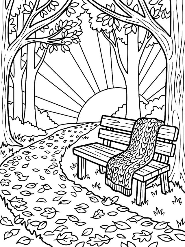 Free printable for adults coloring page — forest bench