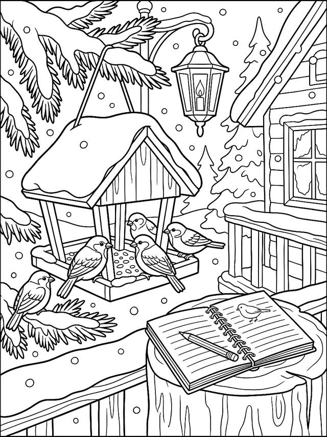 Free printable for adults coloring page — sparrows at bird feeder