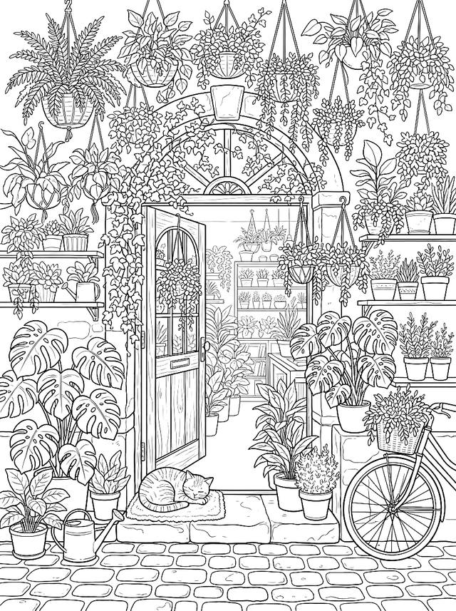 Free printable cozy coloring page — plant shop