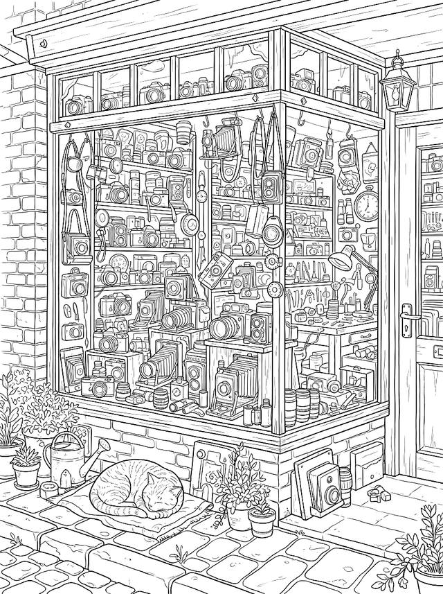 Free printable cozy coloring page — camera repair shop