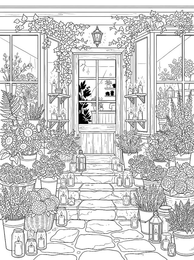 Free printable cozy coloring page — flower shop entrance with blooms