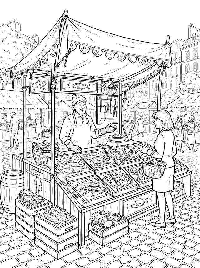 Free printable cozy coloring page — fishmonger stall