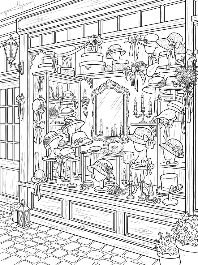 Free printable cozy coloring page — hat shop window